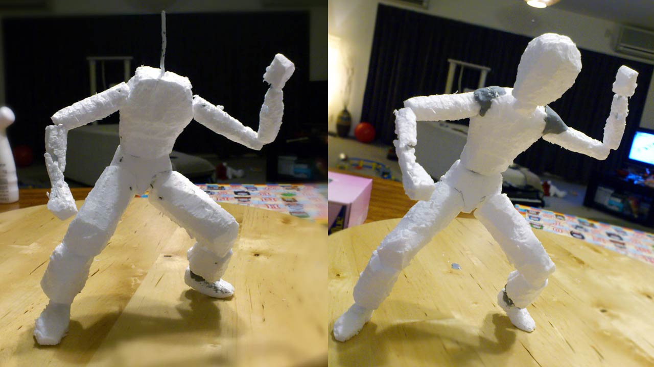 Two images of wire armature coated in styrofoam of standing in full body with and without a head