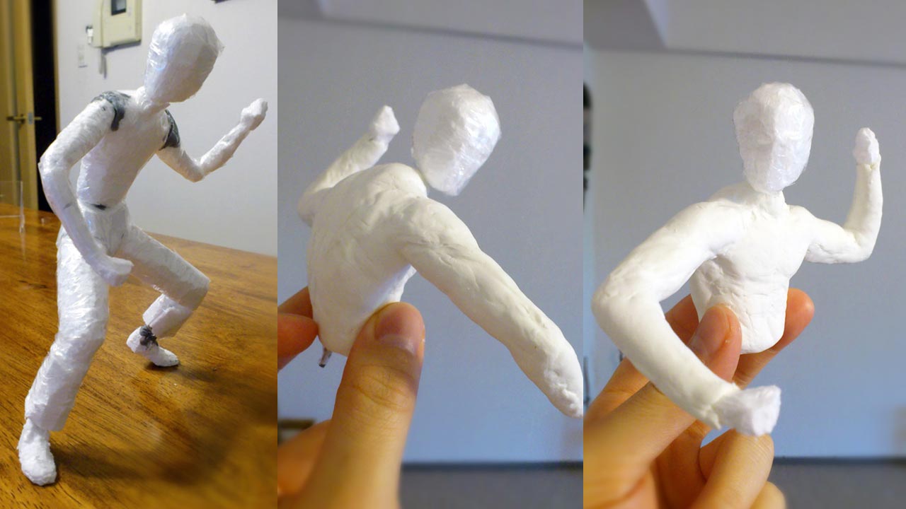 Three images side by side by side in full and half body shots of miniature styrofoam statue and coated in stone clay