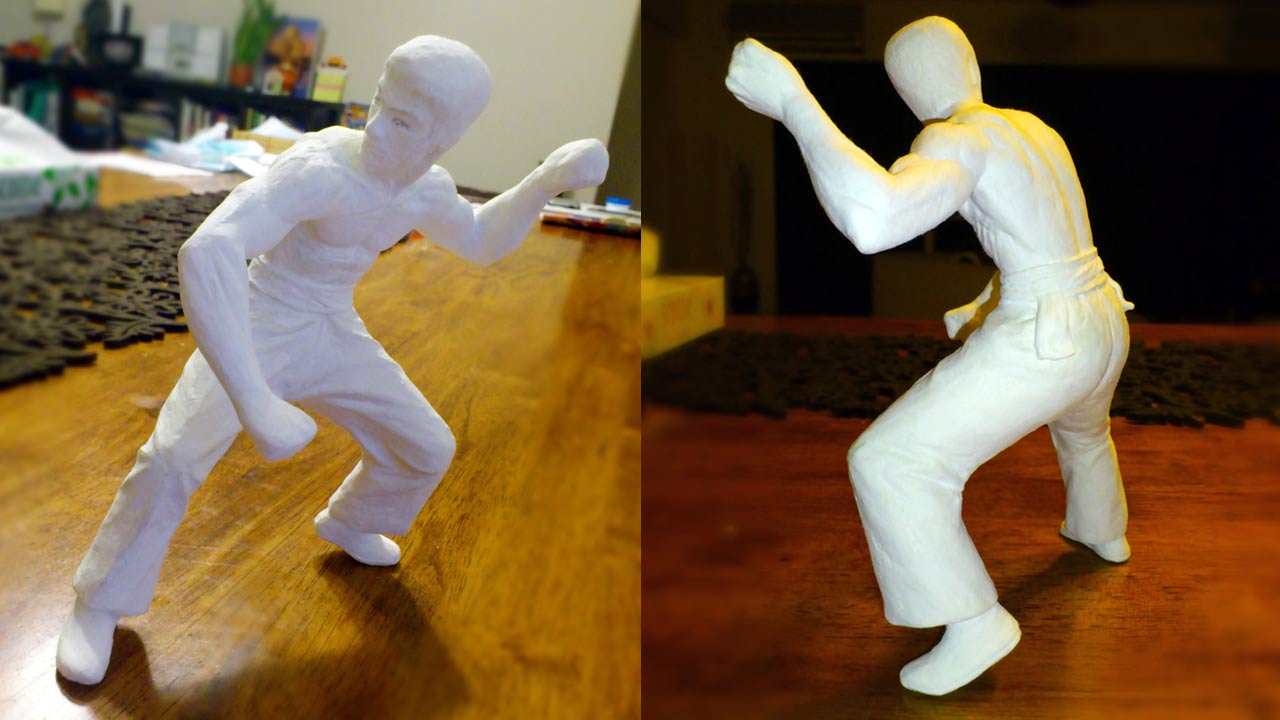 Two images side by side of the miniature statue in full body various shots posing and standing on its own