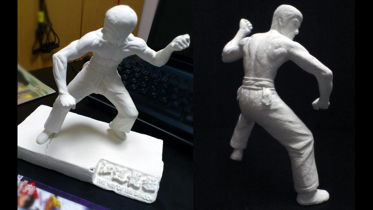 Two images side by side of the miniature statue refined standing on the clay sculpted base and the second shot a rear view of statue only