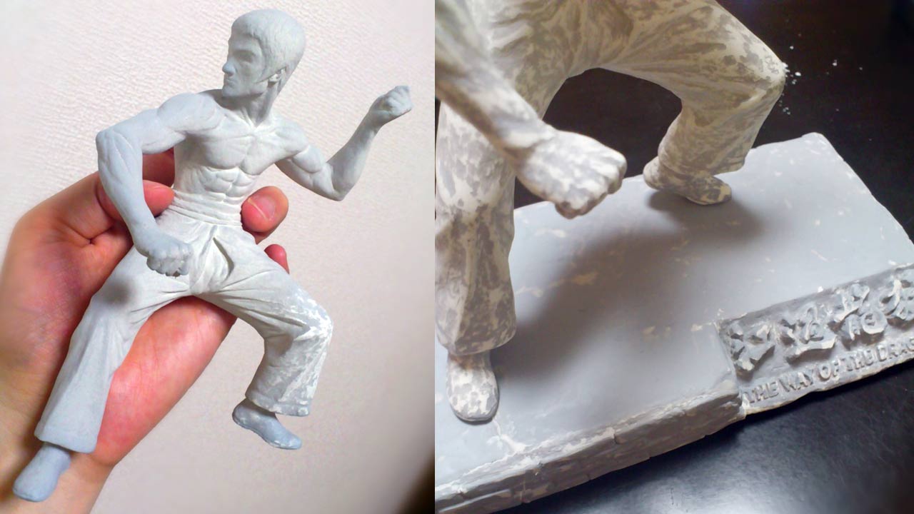 Two images side by side of the miniature statue and base sprayed in Mr. Hobby's Mr. Surfacer 1200 gray colored primer