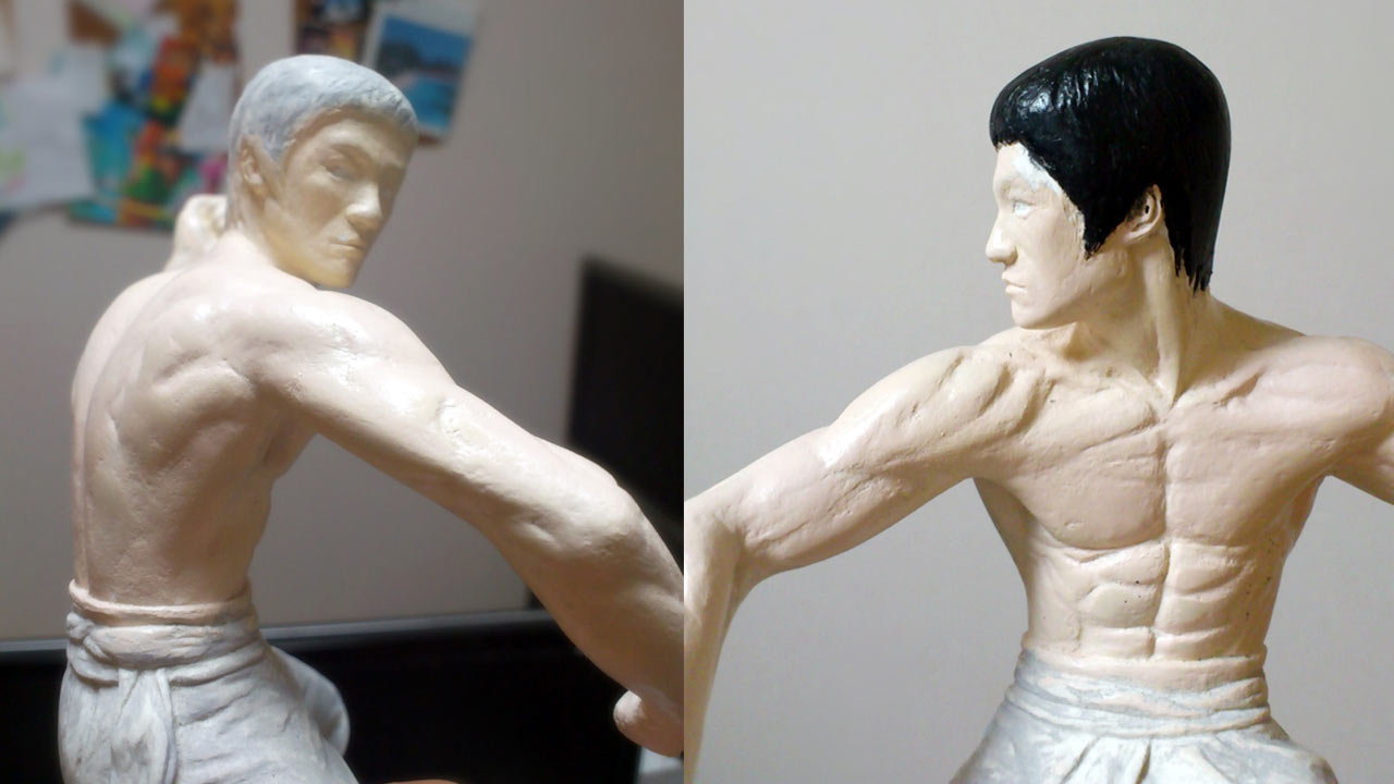 Two images side by side in medium close up shots of miniature statue with first coats of peach color paint for skin and black hair