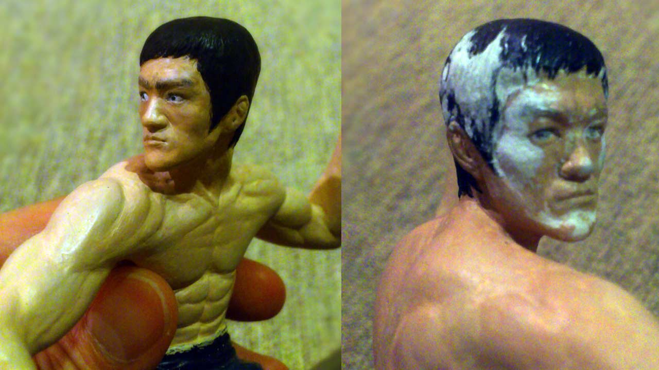 Two images side by side in close up of finished painted head and the revision work on the second shot