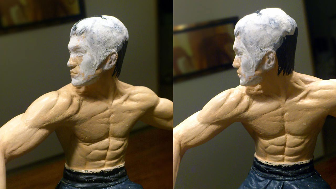 Two images side by side of the miniature statue in medium close up getting more revision work on the head and face