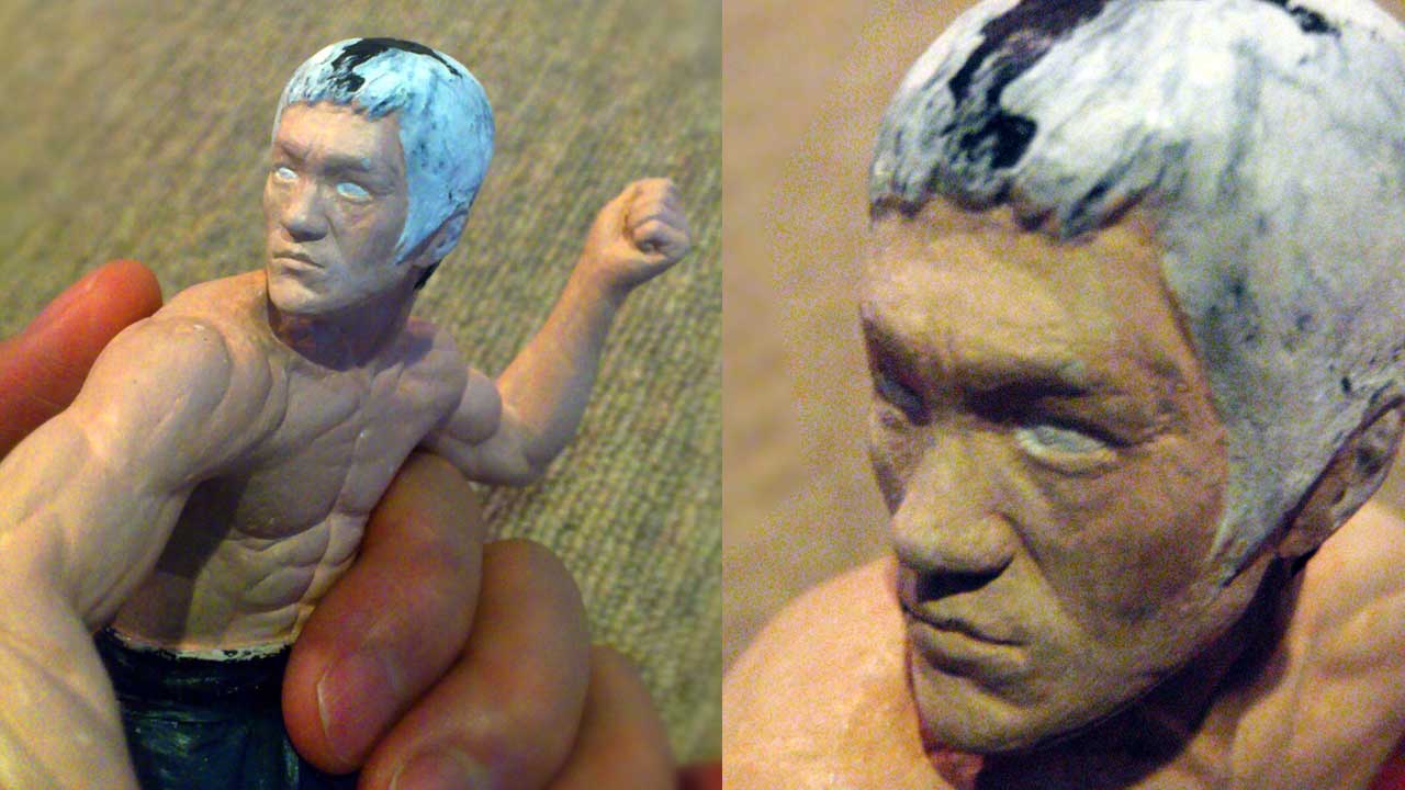 Two close up images side by side of the roughly sculpted miniature face and head