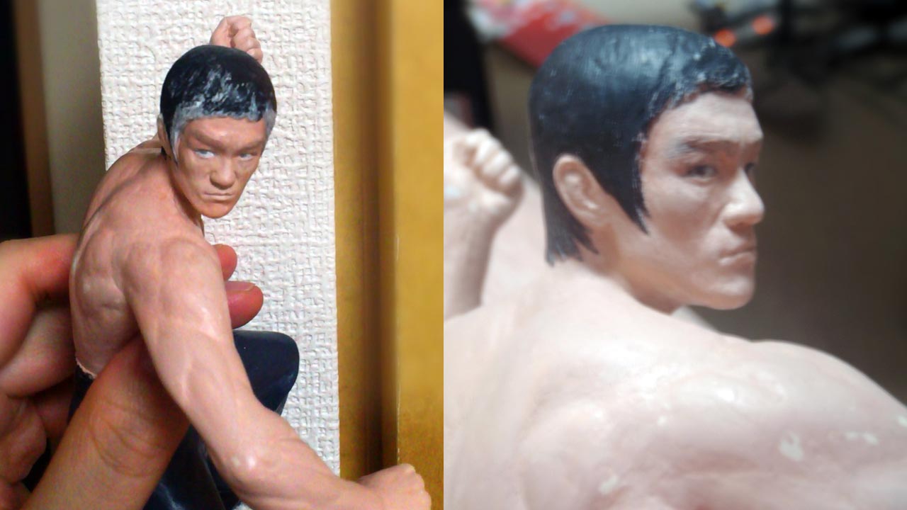 Two images side by side of miniature statue in half body and close up on facial expression