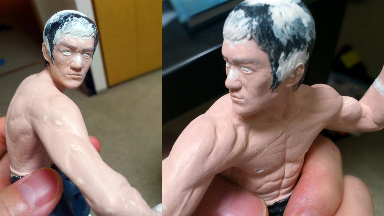 Two images side by side in half body of miniature statue getting more hair and facial revision work