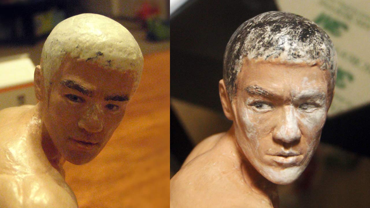 Two images side by side of the miniature statue standing with the top of the heads removed in preparation to add hair pieces