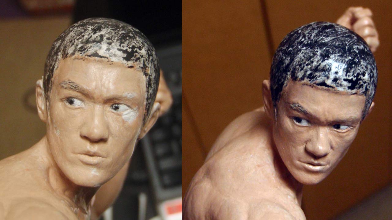 Two close up images side by side of the sculpted miniature face and head of Tang Lung