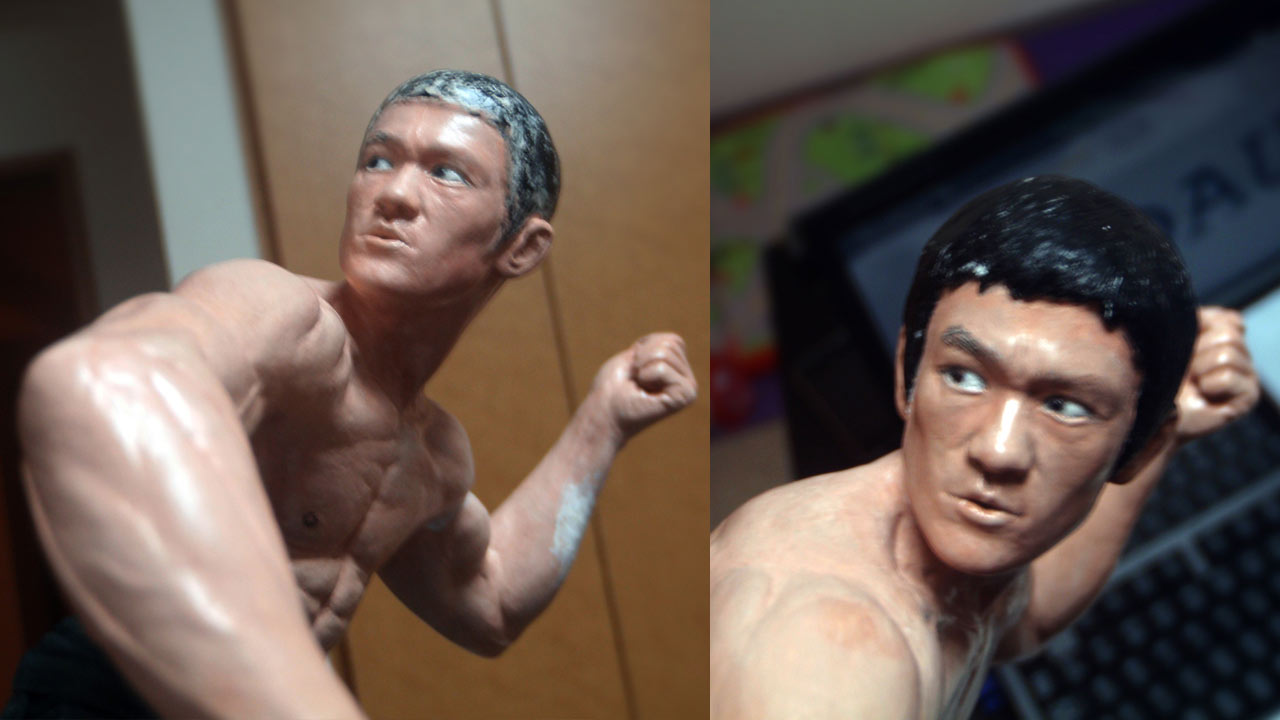 Two close up images side by side of the miniature refined sculpted body and head with sculpted hair of Tang Lung