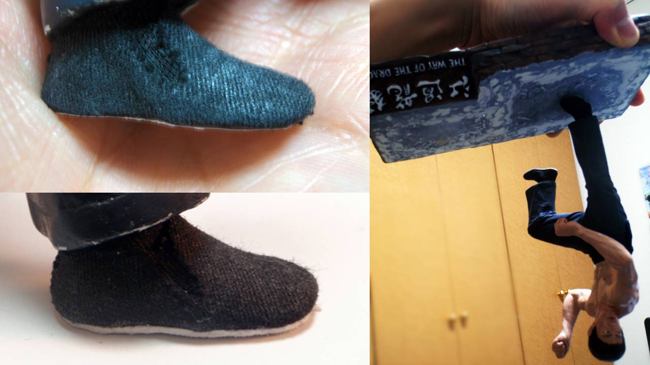 Three images two of which are close ups on the kung fu slipper making process and the other shot a full body of miniature statue standing on base upside down on one leg