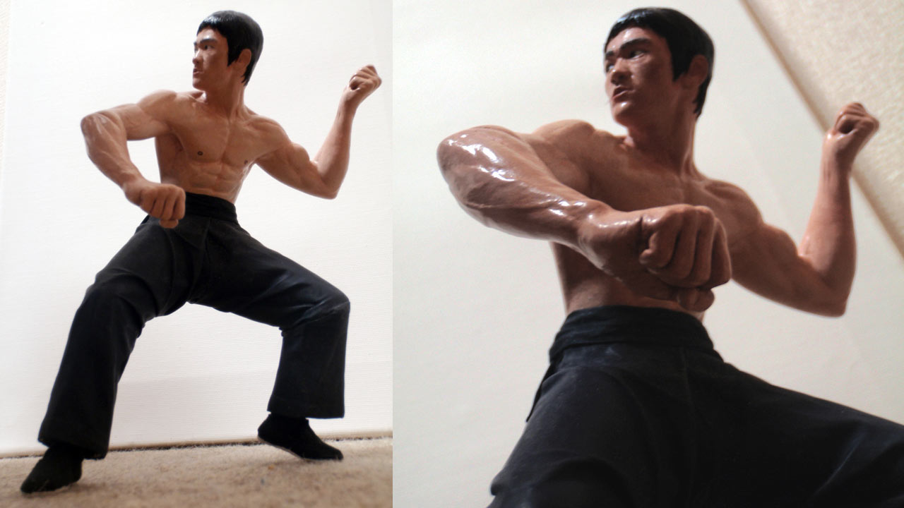 Two images side by side in a full and medium close up of Tang Lung posing standing on its own