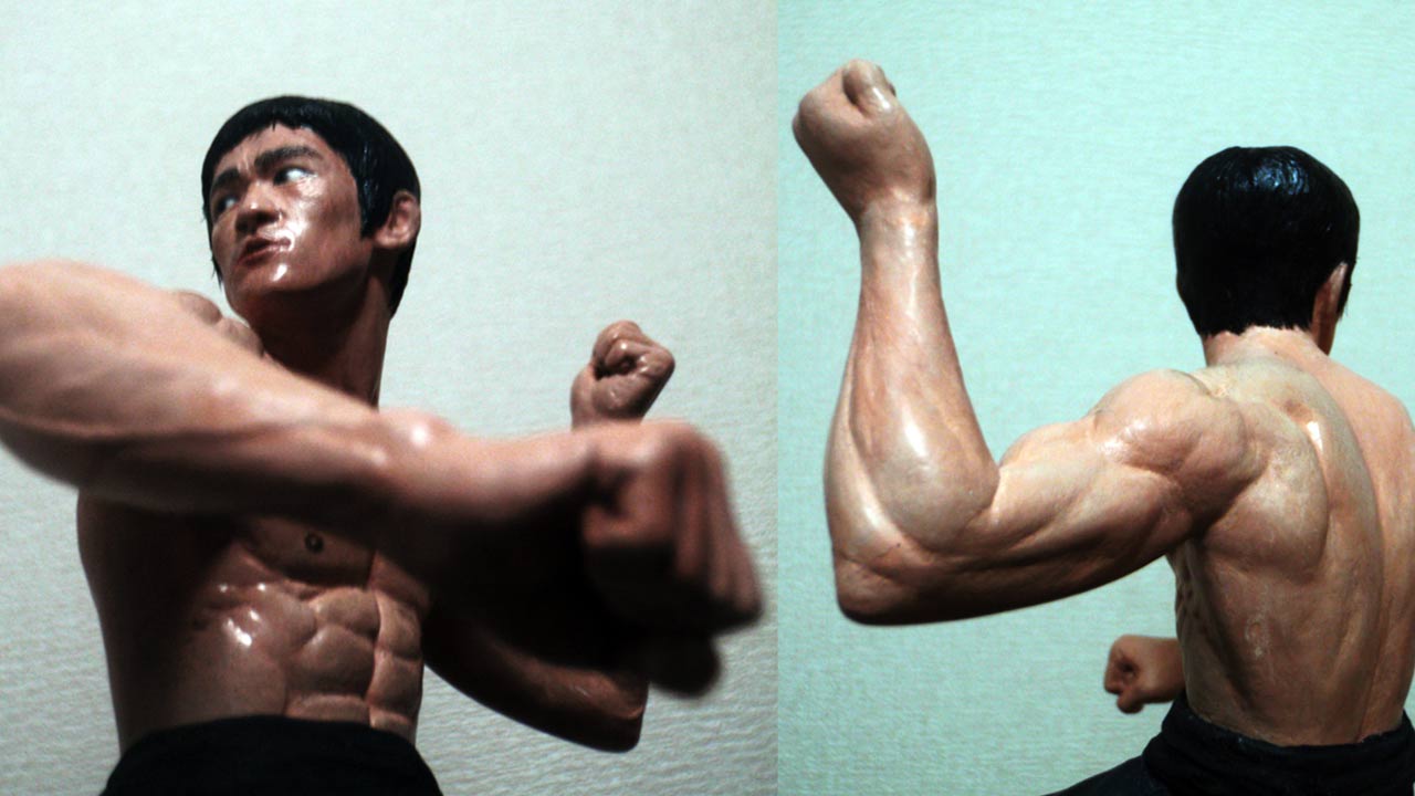 Two images side by side in a medium close up of Tang Lung posing in various angles