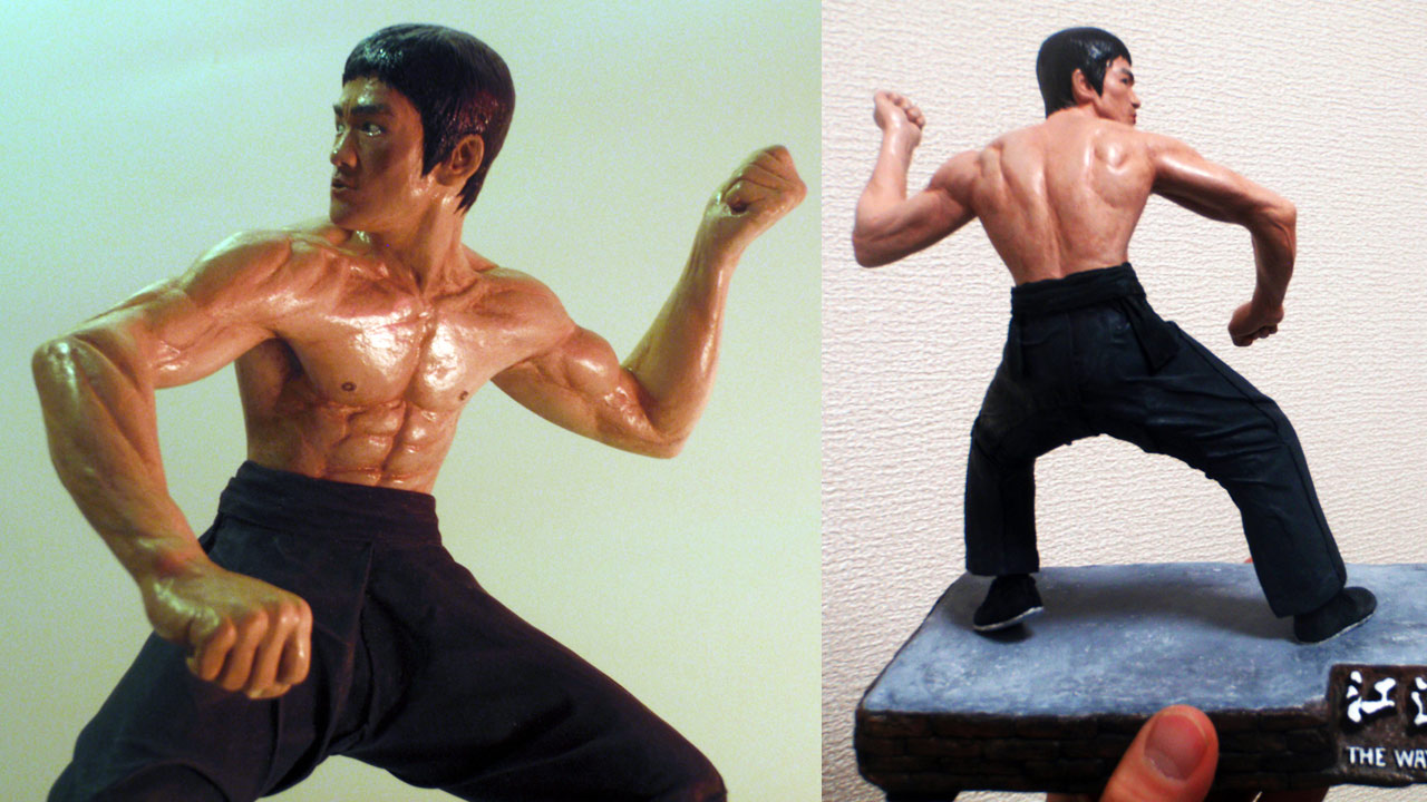 Two images one a medium close up of the completed miniature statue Tang Lung and the other a full body shot with base