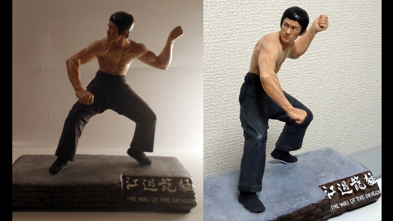 Two images in full body shot of the completed miniature statue of Tang Lung posing on base