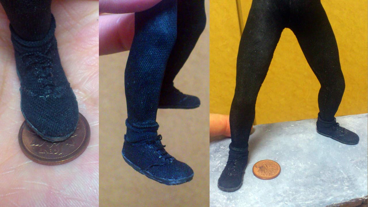 Three images side by side by side close up of the miniature statue shoes in size comparison with a Canadian penny