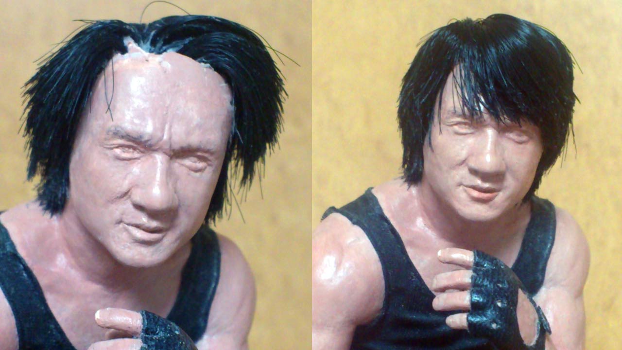 Two images side by side showing revision work on face and hairpiece and unpainted face