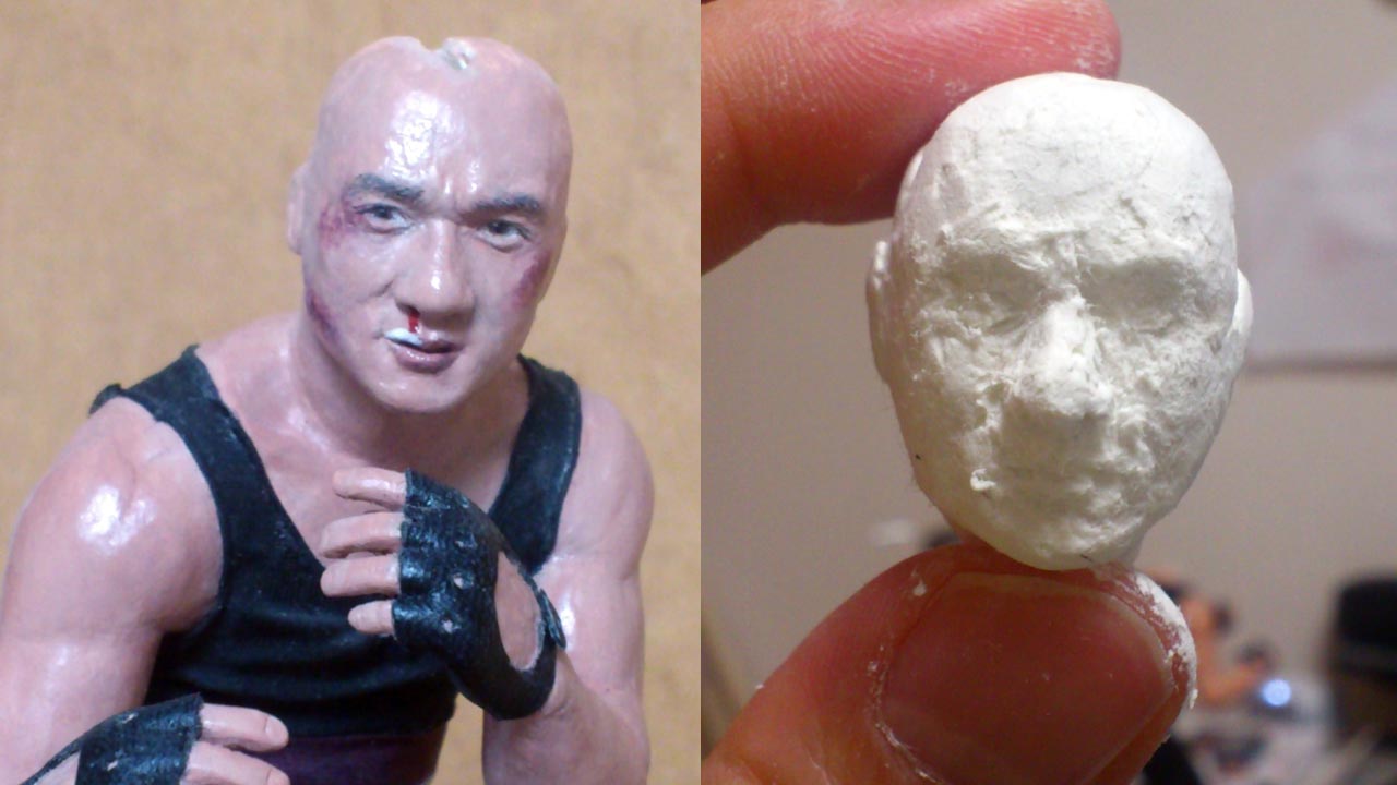 Two images side by side in a close up showing fully painted Thomas face with battle damage without hair and a new roughly sculpted head with basic facial features in stone clay