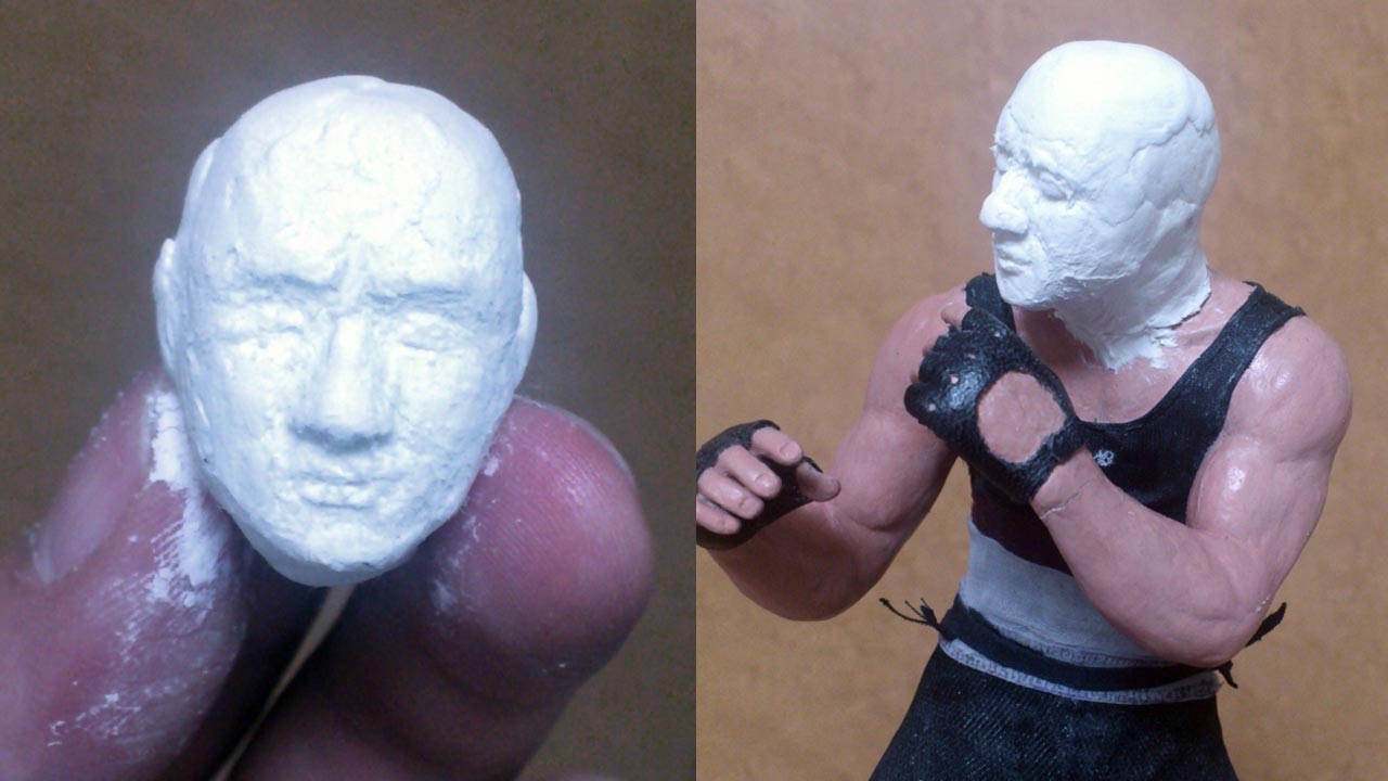Two images side by side of one close up of newly sculpted stone clay head and basic facial expression and the other of Thomas posing with new sculpted head added to torso